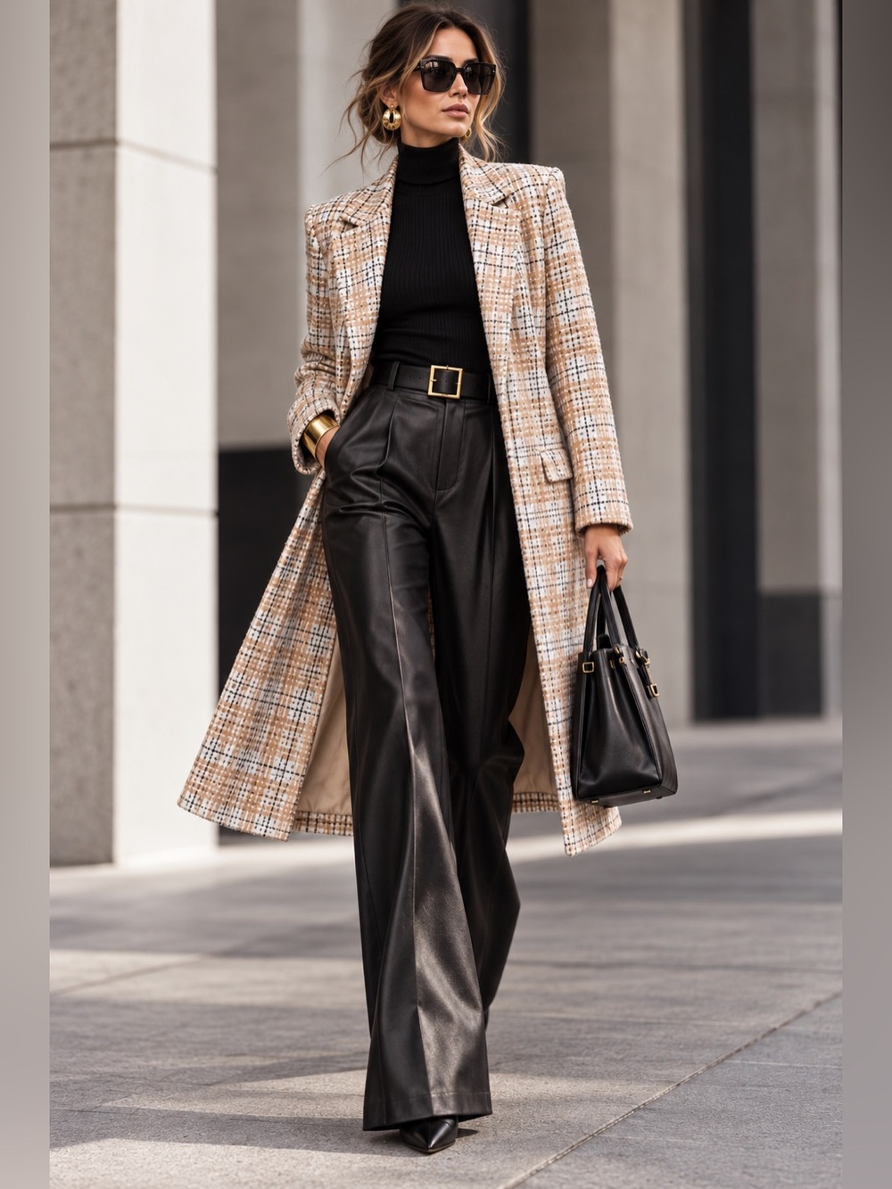 Cyrus Women’s Sz M Plaid Long Duster Cardigan Sweater Coat Tan Cream Black Soft